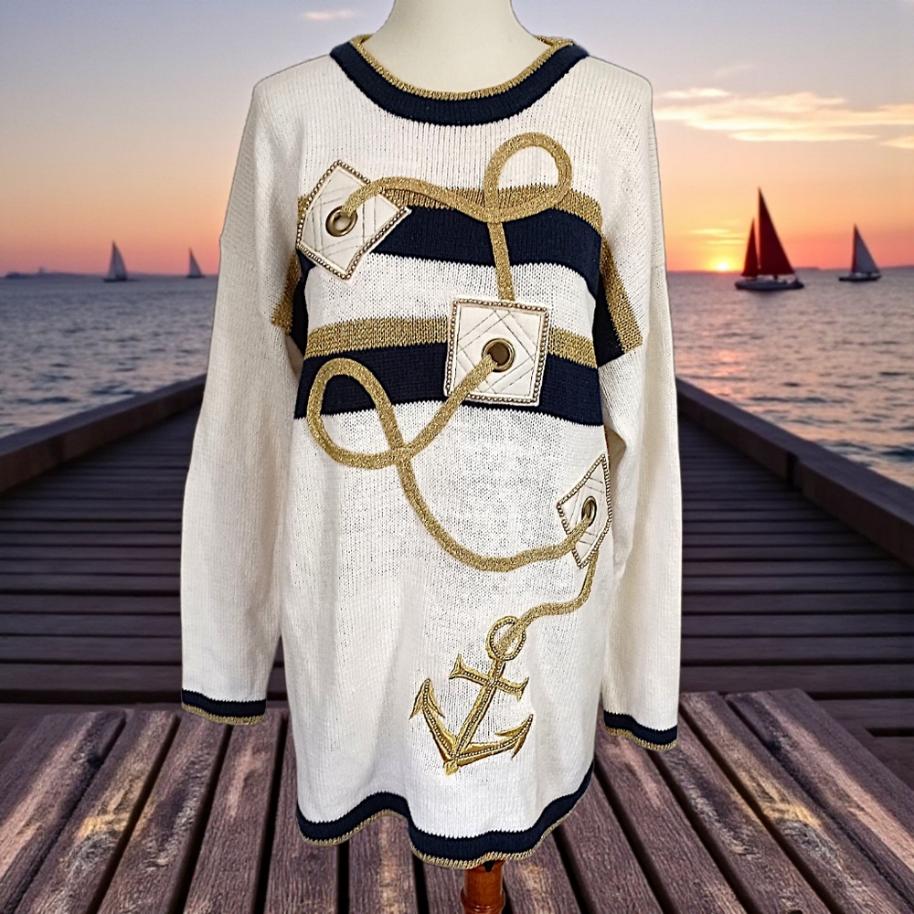 Vtg Cedars Nautical Sweater M Oversized Coastal Ramie Preppy Yacht Club Chunky - Picture 16 of 16